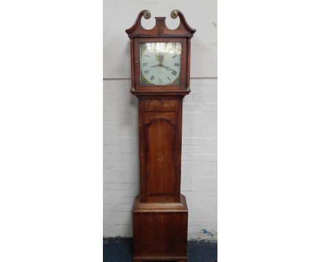 A George III oak and mahogany cross banded longcase clock, R.B.Ha****, Stamford, painted square dial bearing Roman numerals, 