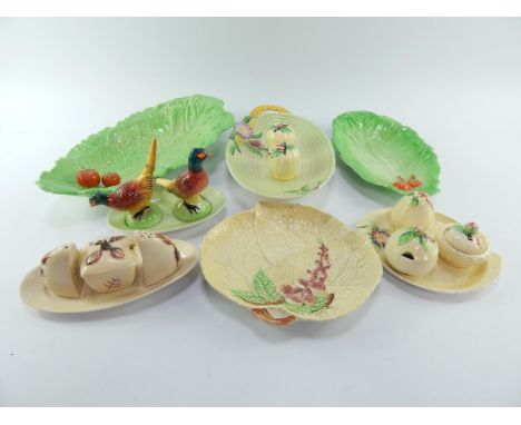 A group of Carltonware Pottery, comprising three leaf shaped dishes, basket weave dish, and four cruet sets, (AF).
