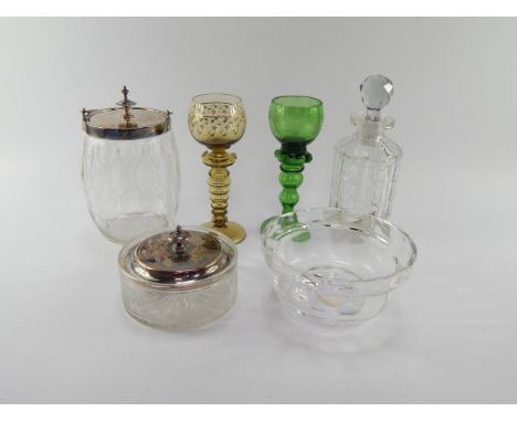 A Victorian cut glass biscuit barrel with a plated mount and lid, two German hoch glasses, Dartington bowl, cut glass decante