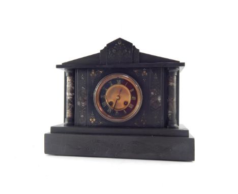 A Victorian slate and marble mantel clock of architectural form, brass dial with slate chapter ring bearing Roman numerals, e