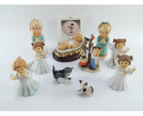A Hummel miniature collector's plate 'Serenade', boxed, four Goebel angels, two children praying and other figures, (11).