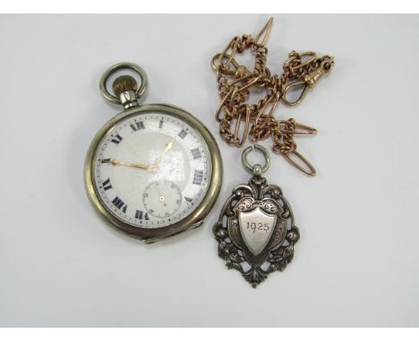 A gentleman's silver open faced keyless wind pocket watch, enamel dial bearing Roman numerals, subsidiary seconds dial, Londo