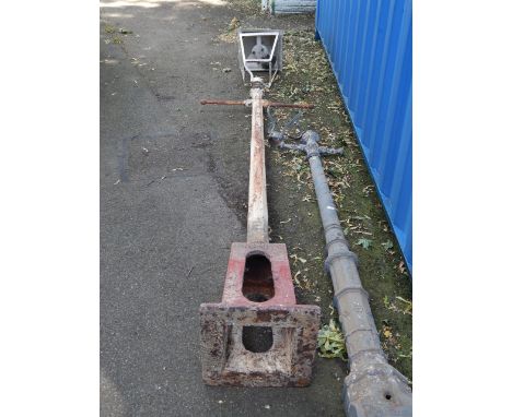 A Victorian white and red painted cast iron lamp post, with a square lantern top, 368cm high.