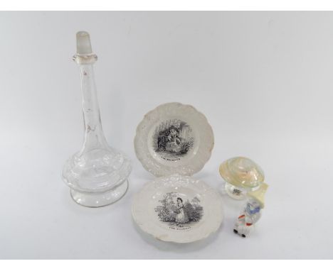 A pair of early 19thC pottery child's plates 'The Nosegay' and 'The Necklace', mushroom shaped glass paperweight, etched glas