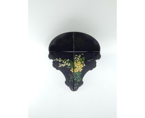 A Victorian folding papier mache wall bracket, decorated with a bird and spring flowers, 33.5cm x 28cm.