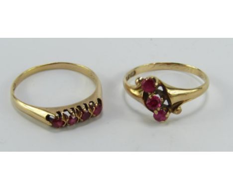 A 14ct gold and ruby four stone ring, size R, and a gold and ruby three stone ring, size O, 4.6g.