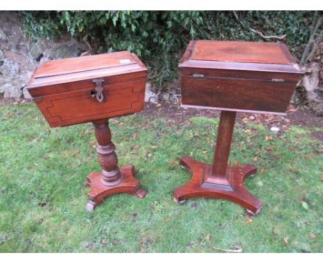 A 19th century rosewood tea caddy on stand together with a mahogany example&nbsp;