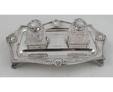 A Walker &amp; Hall silver desk stand, fitted with two square glass inkwells, weight 11oz
