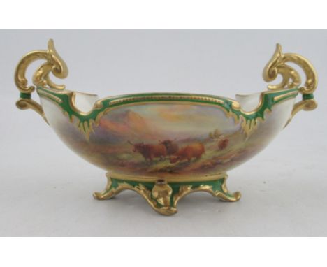 A Royal Worcester boat shaped two handled centre piece, decorated with a panel of Highland cattle by Harry Stinton, shape num