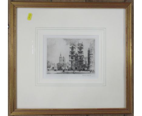 After Percy Robertson, black and white etching, Westminster Abbey 1916, 6.25ins x 8ins