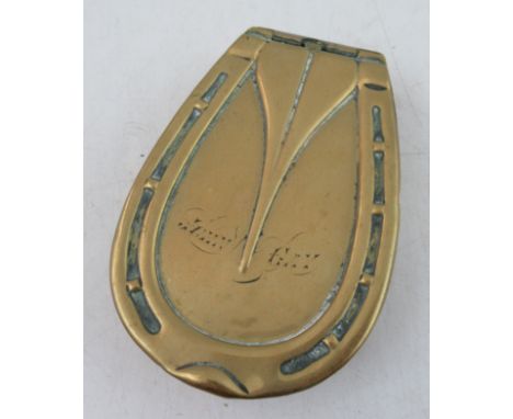 A 19th century brass snuff box, modelled as a horse's hoof, the lid inscribed John Gay, stamped makers mark to the base&nbsp;