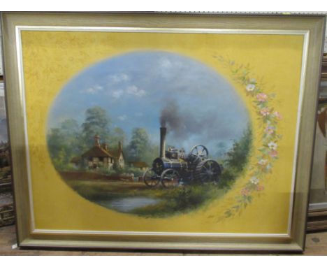 Weston, oil on canvas, oval landscape with traction engine, to a yellow background with flower garland, 29ins x 39ins