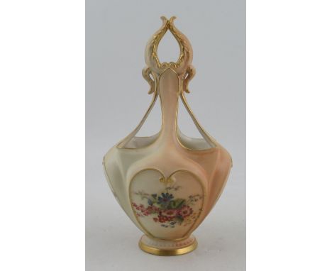 A Royal Worcester blush ivory basket vase, decorated with four floral panels, shape number G493, af, height 9.75ins