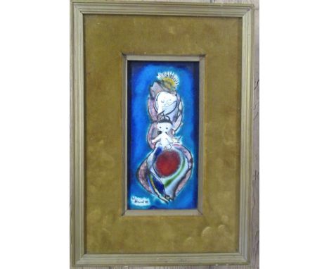 A French rectangular tile, with enamel decoration of Madonna and child, signed, 7.5ins x 4ins