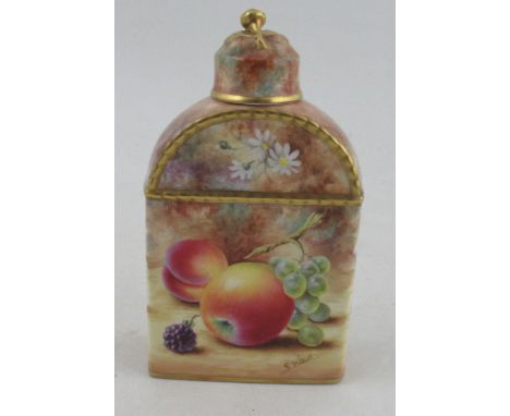 A Royal Worcester covered rectangular tea caddy, decorated all round with fruit to a mossy background by S Wood, height 5.5in