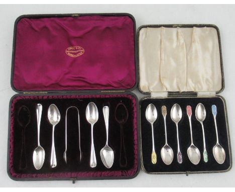 A cased set of six silver and enamel coffee spoons, together with four other silver spoons and sugar tongs