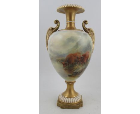 A Royal Worcester pedestal vase, fully painted with Highland cattle watering by John Stinton, shape number 1969, height 15.5i