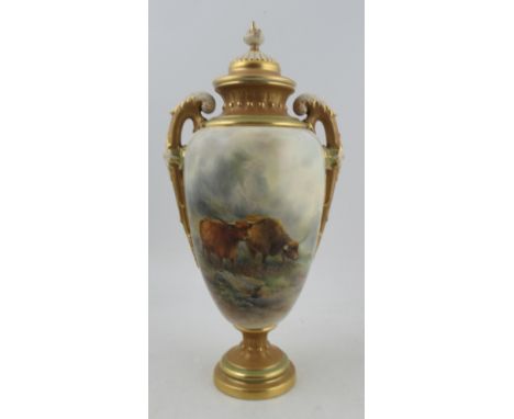 A Royal Worcester covered two handled vase, painted with Highland cattle by J Stinton, with a vignette to the reverse, shape 