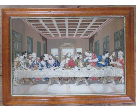 A tapestry picture, The Last Supper, 16ins x 23ins, in a birdseye maple frame