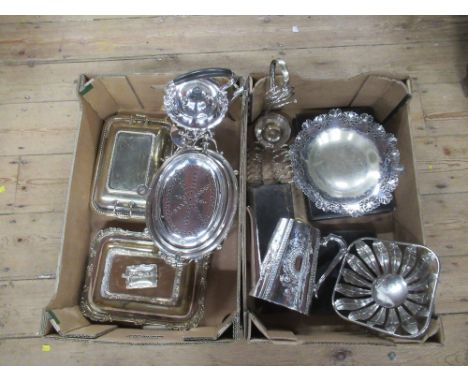 Two boxes of assorted silver plate , to include entr&eacute;e dishes, spirit kettle, toast racks etc