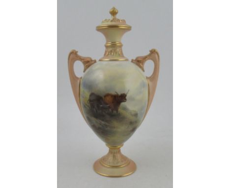 A Royal Worcester covered pedestal vase, decorated with Highland cattle to the front and vignette to reserve by John Stinton,