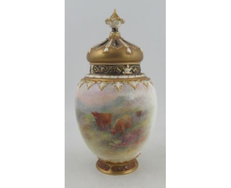 A Royal Worcester crown top pot pourri, decorated with Highland cattle by H Stinton, shape No. 2048, height 16.5ins&nbsp;