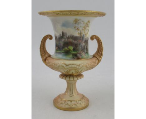 A Royal Worcester campagna shape vase, decorated with a panel of Windsor Castle by Harry Davis, to a blush ivory and gilt gro