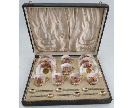 A cased set of Royal Worcester coffee cups and saucers, finely painted with cattle by Stinton