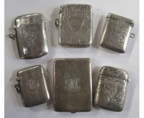 Six various silver vesta cases, most with engraved decoration and initials