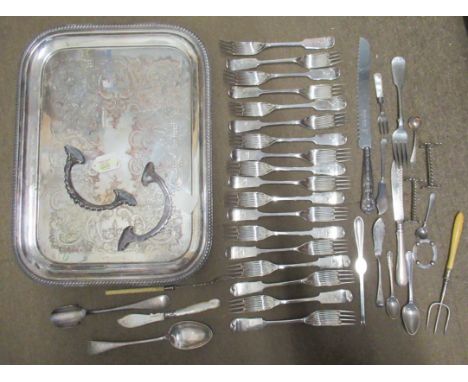 A Viners silver plated tray, of rectangular form, with engraved design, gadrooned edge and having two handles, together with 