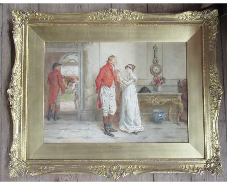 George Goodwin Kilburn, watercolour, Good Luck to You, young lady presenting a huntsman in pink with a button hole, 14.5ins x