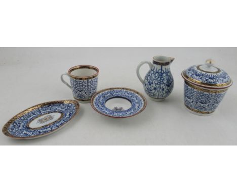 A collection of late 18th century Worcester porcelain, comprising a sauce stand, a covered pot, a mug, a sparrow beak jug and