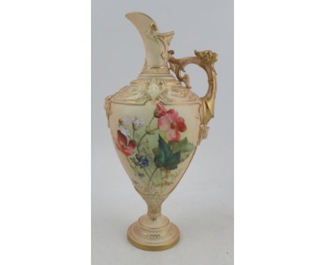 A Royal Worcester blush ivory pedestal ewer, decorated with field flowers and poppies, attributed to Raby, shape number 1742,