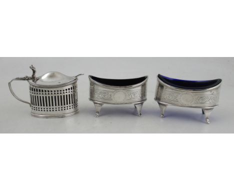 A pair of Georgian silver oval salts, with engraved decoration, together with an oval silver mustard pot