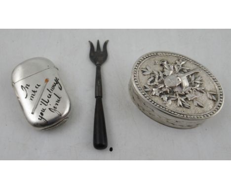 A Victorian Silver and enamel vesta case, the enamelled decoration reading "In me a "match" you'll always find", together wit