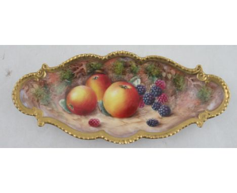 A Royal Worcester shaped oval dish, decorated with fruit to a mossy background by P Love, with shaped gilded gadrooned edge, 