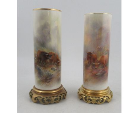 A near pair of Royal Worcester spill vase, finely painted with Highland cattle by John Stinton, raised on a pierced scrolling