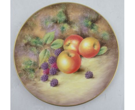 A Royal Worcester plate, decorated with fruit to a mossy background by J Smith, diameter 10.75ins