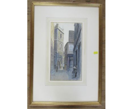 R G Mathews, pencil and watercolour, Love Lane from Eastcheap by the Tower of St Mary-at-Hill, 14.5ins x 7.5ins