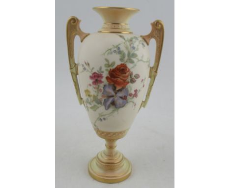 A Royal Worcester blush ivory vase, decorated with flowers, having two handles, shape No. 1481, height 9.75ins&nbsp;