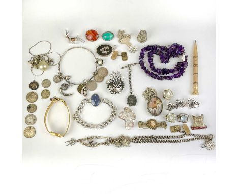 A good selection of silver and other costume jewellery. Including a ladies silver Helicon manual wind bracelet wristwatch.