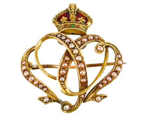 An Edwardian high purity gold, enamel and seed pearl set '1902' coronation brooch. The red and green enamelled crown over an 