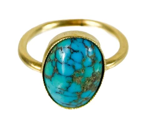 A 19th century high purity gold turquoise set small ring.  The collet set oval turquoise measuring 11mm x 9mm, size B 1/2, 2.