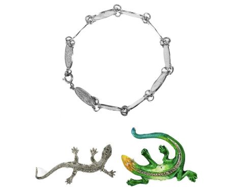 A silver 3d coin bracelet. Length 19cm, 17g; together with an 800 silver marcasite set lizard brooch and a white metal, ename