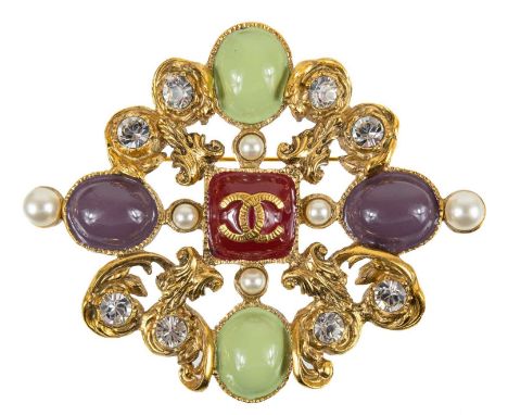 A Chanel gold tone Gripoix brooch. In Byzantine cross design, set with crystal and faux pearl and enamel, stamped CHANEL A11 