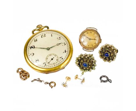 A 9ct ladies manual wind wristwatch, a piece of 9ct chain etc. Including a gold plated dress pocket watch.