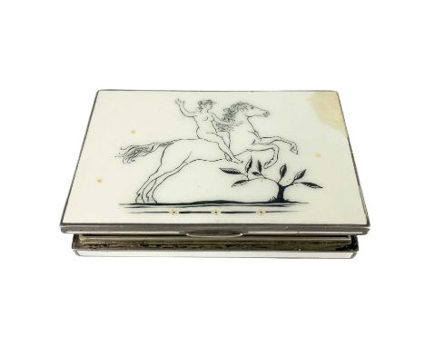 An Art Deco Austria-Hungarian silver and enamel cigarette or snuff box. The lid decorated with a classical style nude female 