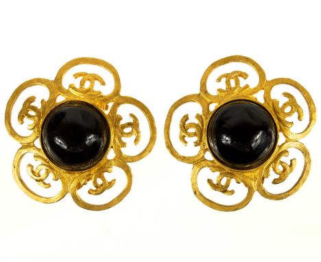 A Chanel gold tone pair of Gripoix black clover earrings.  Stamped CHANEL 95 A MADE IN FRANCE, width 32mm.These are in good v