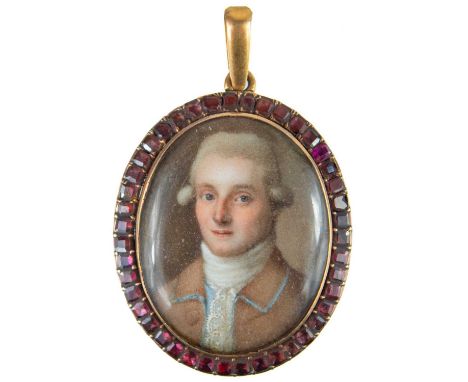 A Georgian rose gold garnet set portrait miniature pendant. The oval ivory miniature painted with a head and shoulders portra