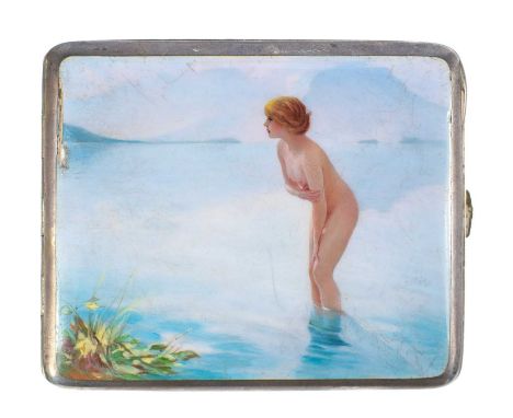 A German early 20th century 900 silver and enamel erotic novelty cigarette case. Circa 1915, the rectangular hinged lid decor